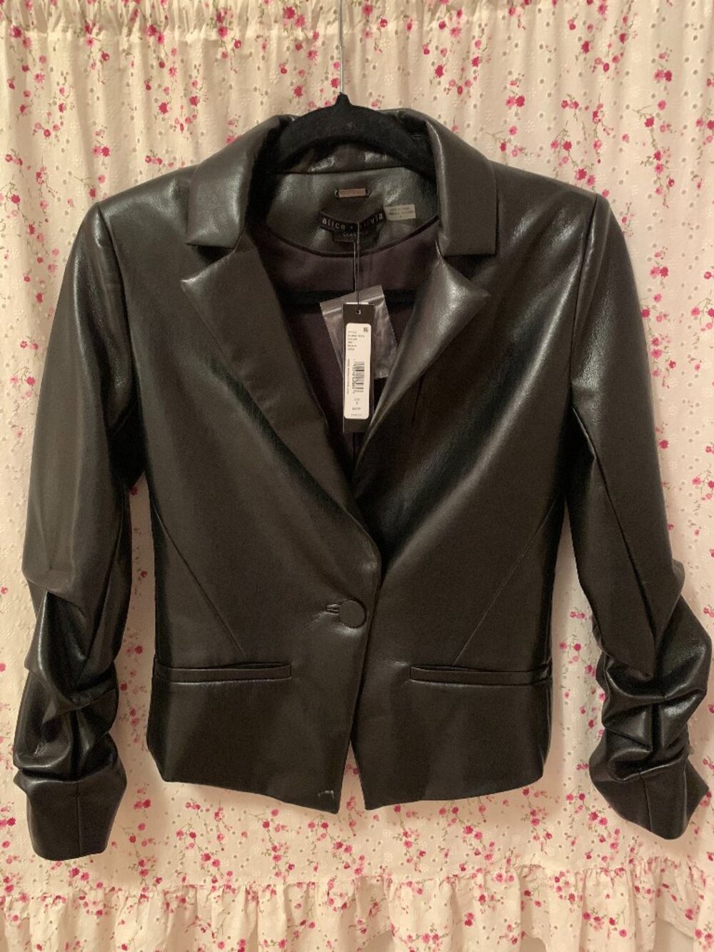 NWT Alice + Olivia Faux Leather Black Blazer with Ruched Sleeves- Size 0